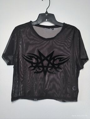 Black Sheer Mesh Tribal Graphic Crop Top